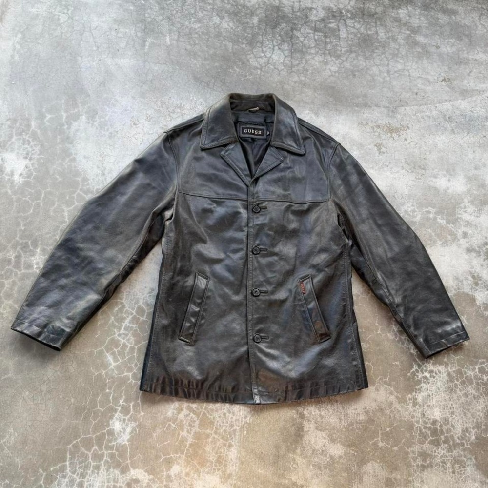 Vintage 90's Guess Black Leather heavy jacket men's size medium faded and worn